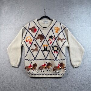 Vintage Farm Clothes Equestrian Horse Novelty Knit Sweater Beige XL Horse Girl